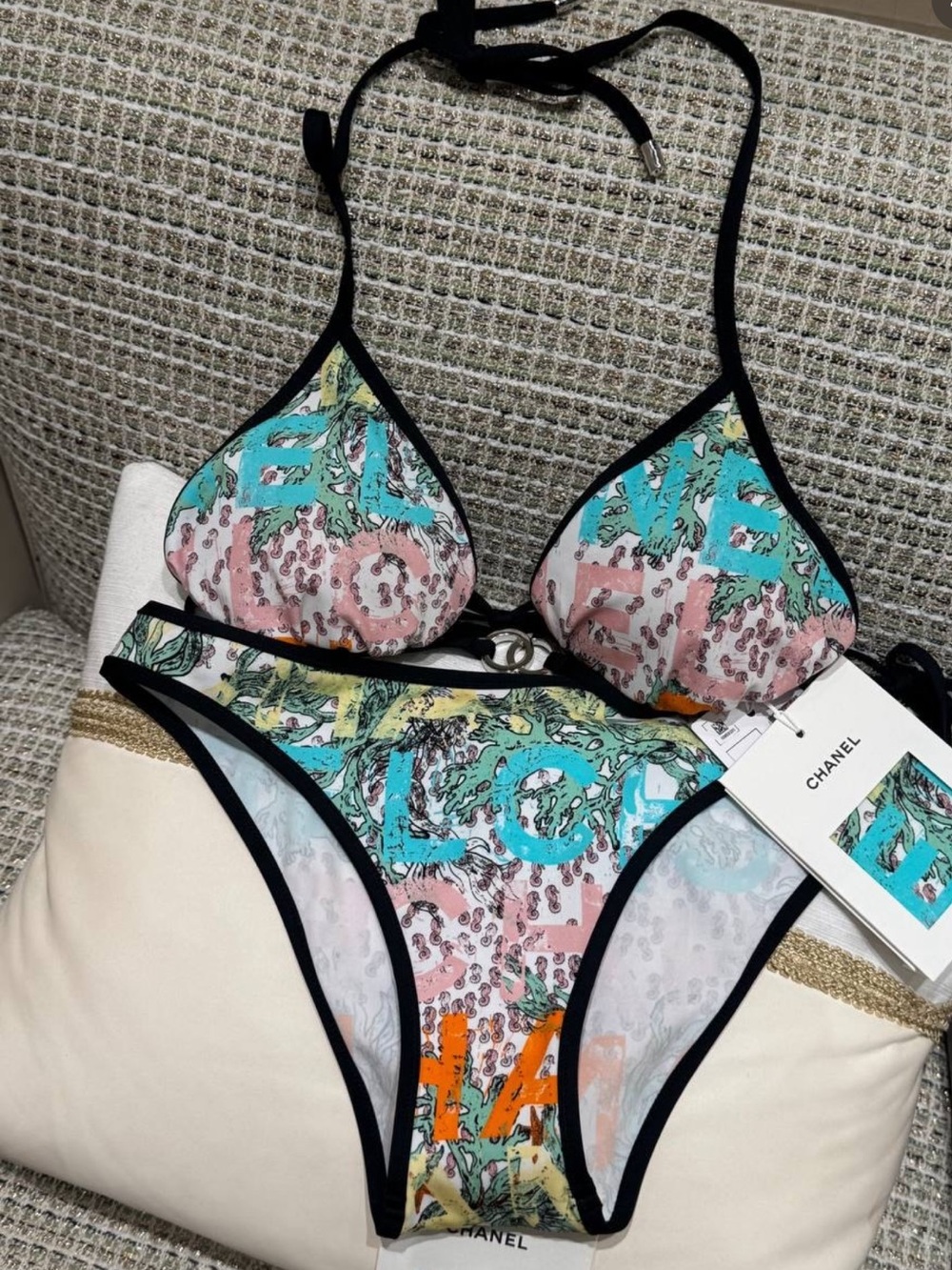 CHANEL Multicolor Floral Logo Triangle Bikini top